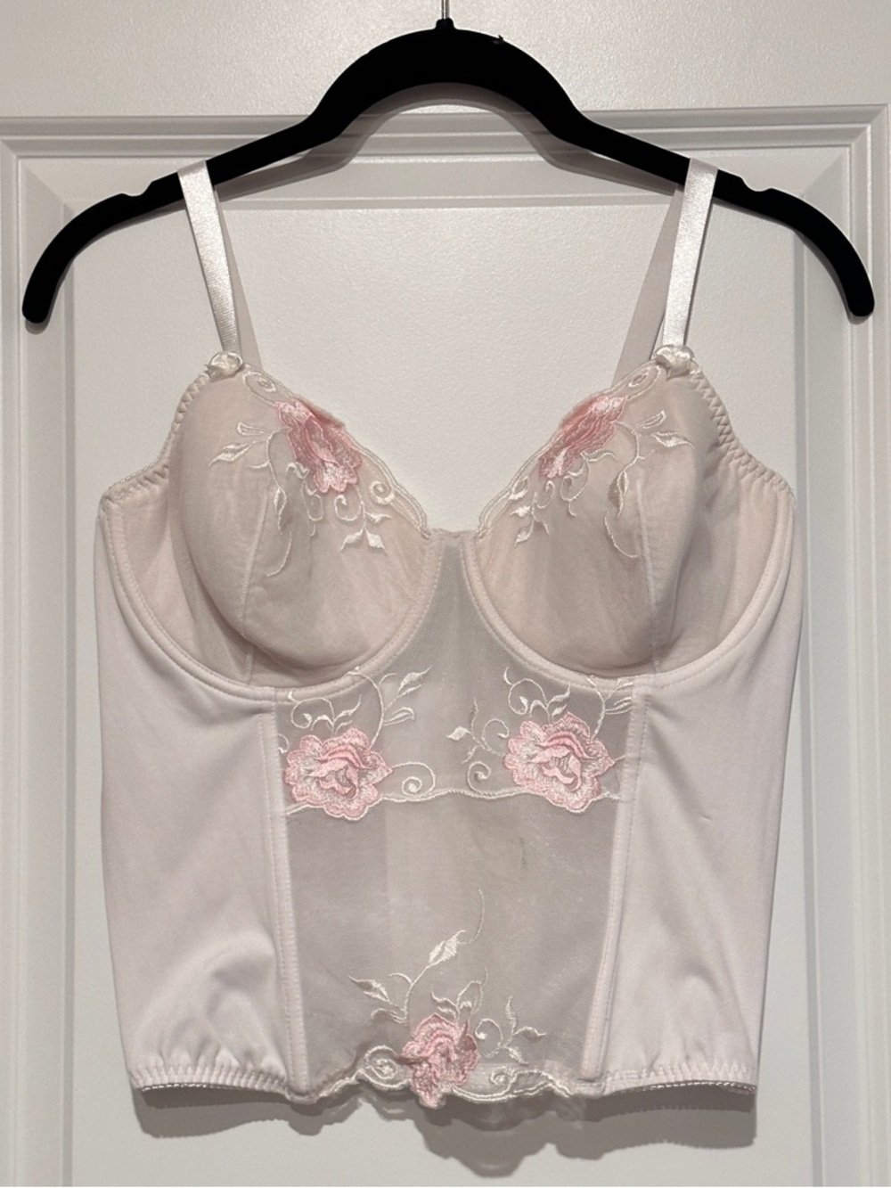 Sheer Longline Bustier Bra with Pink Floral Embroidery